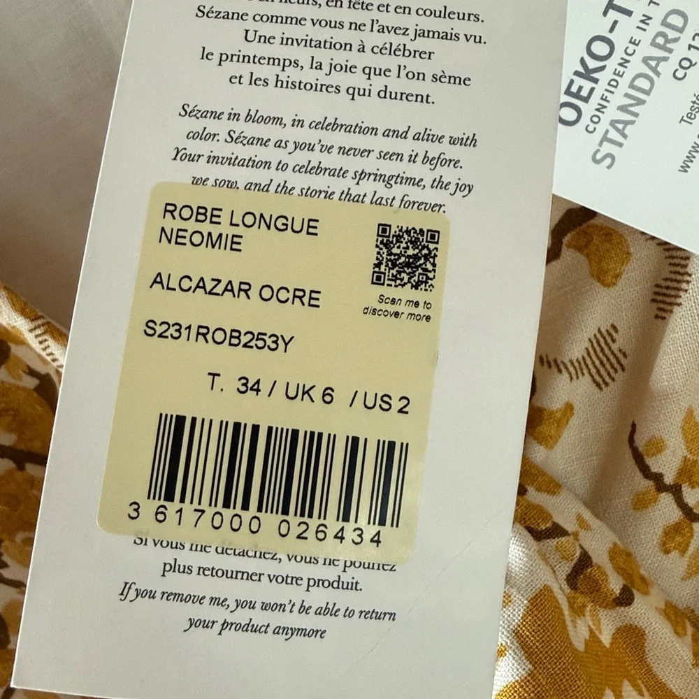 Sezane ROBE LONGUE NEOMIE ALCAZAR OCRE Yellow Floral Dress NWT SIZE 34 US 2 - Picture 8 of 16